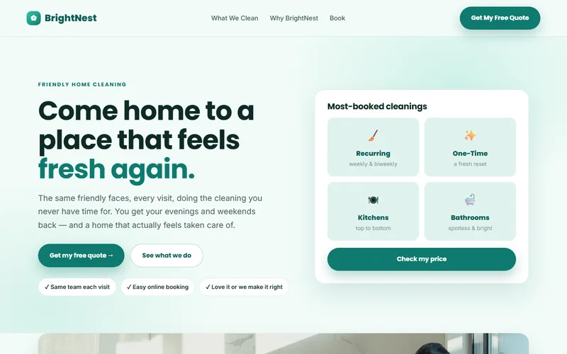 BrightNest Home Cleaning — live demo site by P4 Web Studio