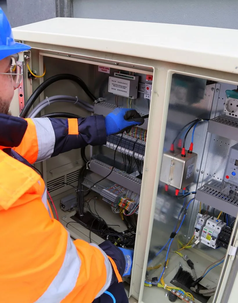 Gridworks technician servicing a commercial electrical control cabinet on site