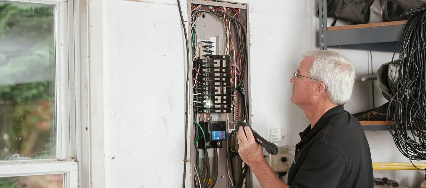 VoltLine Electric — electrician inspecting a residential breaker panel