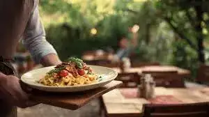 Close up of a pasta plate on a rustic table