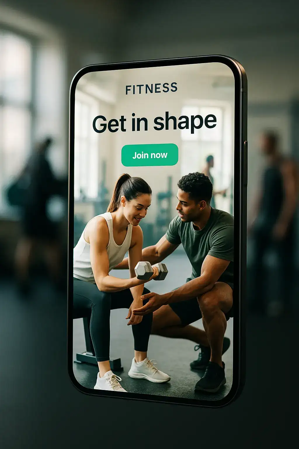 Bright fitness studio with natural light, dumbbells and a trainer helping a client