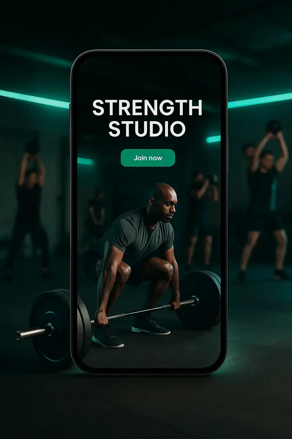 Dark, cinematic gym with neon lights, barbells and athletes training intensely