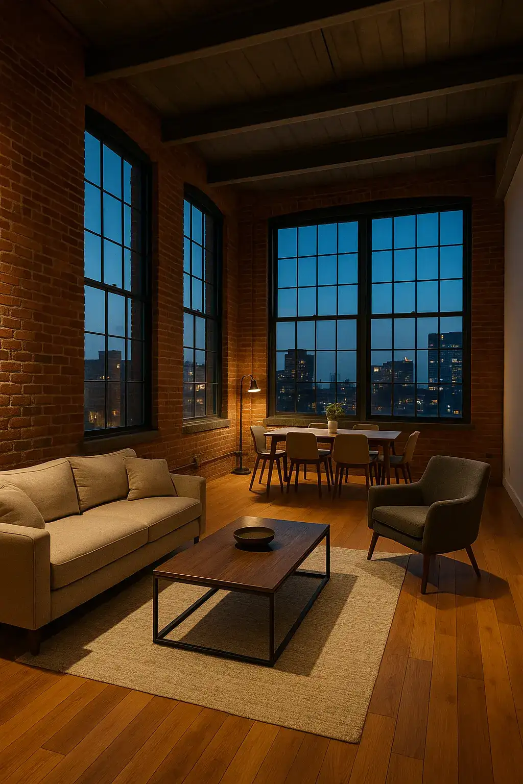 Night view of modern skyline apartment building with glass balconies and warm interior lighting