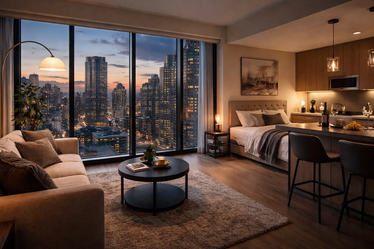 Modern studio apartment with floor-to-ceiling windows and city view