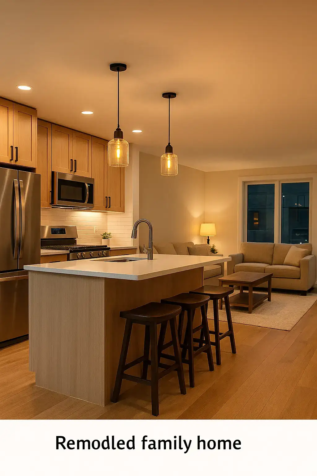 Luxury one bedroom apartment living room with warm lighting and city lights outside