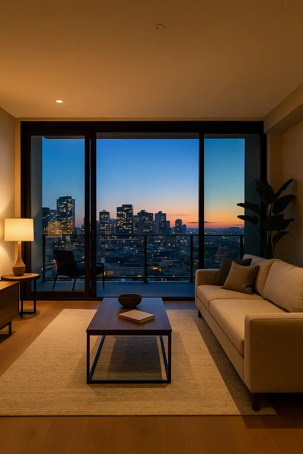 Spacious luxury two bedroom apartment with open kitchen and big windows