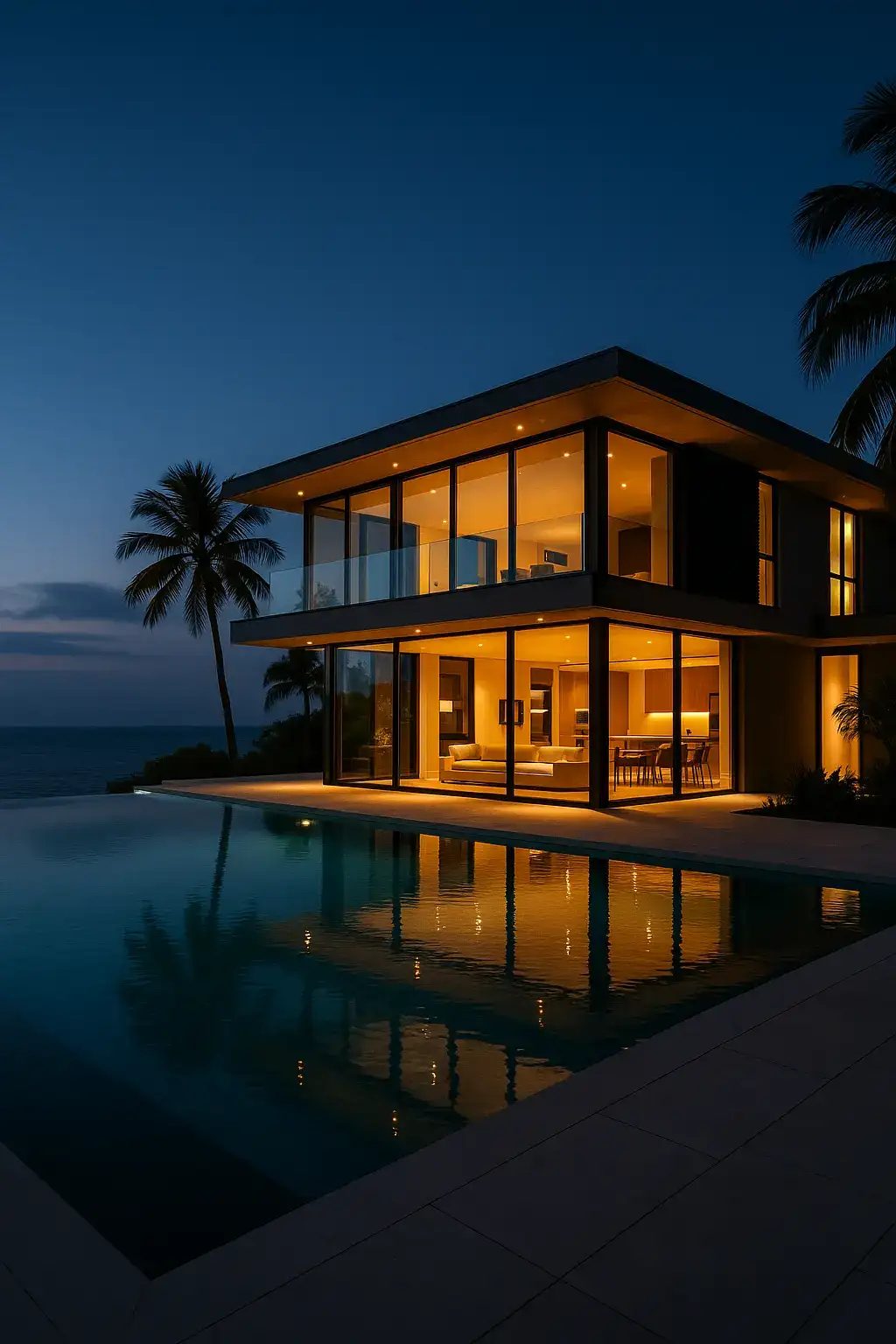 Luxury villa at night with pool