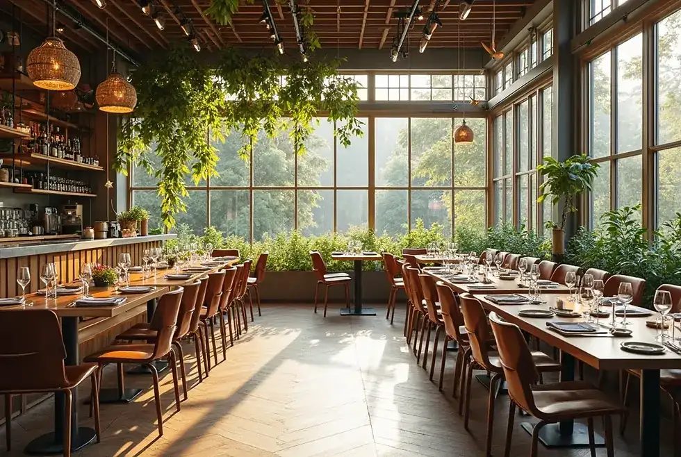 Sunlit brunch table at Urban Flame Bistro with coffee, juice, and plates of food