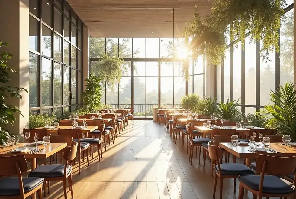 Daytime interior of Urban Flame Bistro with natural light and plants