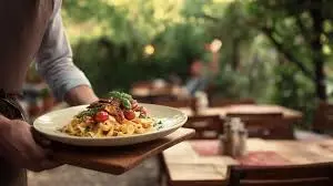 Close up of a pasta plate on a rustic table