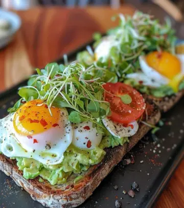 Avocado toast with poached egg and microgreens